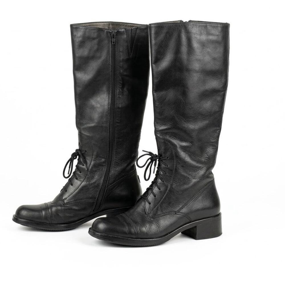 90s Vintage Black Leather Knee High Boots Lace Up Chunky Block Heel 8W